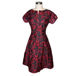 TERI JON Red Black‎ Floral Jacquard Sequin Cocktail Dress Size 6 Pockets Formal